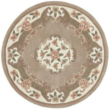 Shensi Traditional Floral Aubusson Medallion Border French-Style Hand-Carved Hi-Low Textured Soft Durable Wool Beige/Brown Round Rug-Origins-Rug Love - The Most Loved Rug Store
